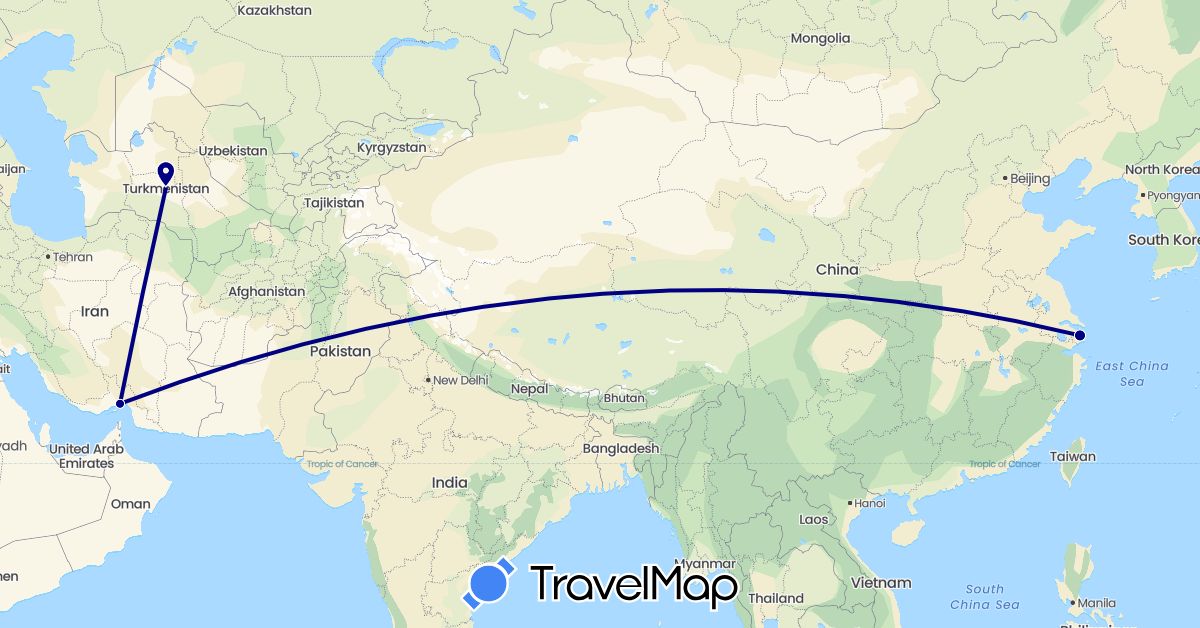 TravelMap itinerary: driving in China, Iran, Turkmenistan (Asia)